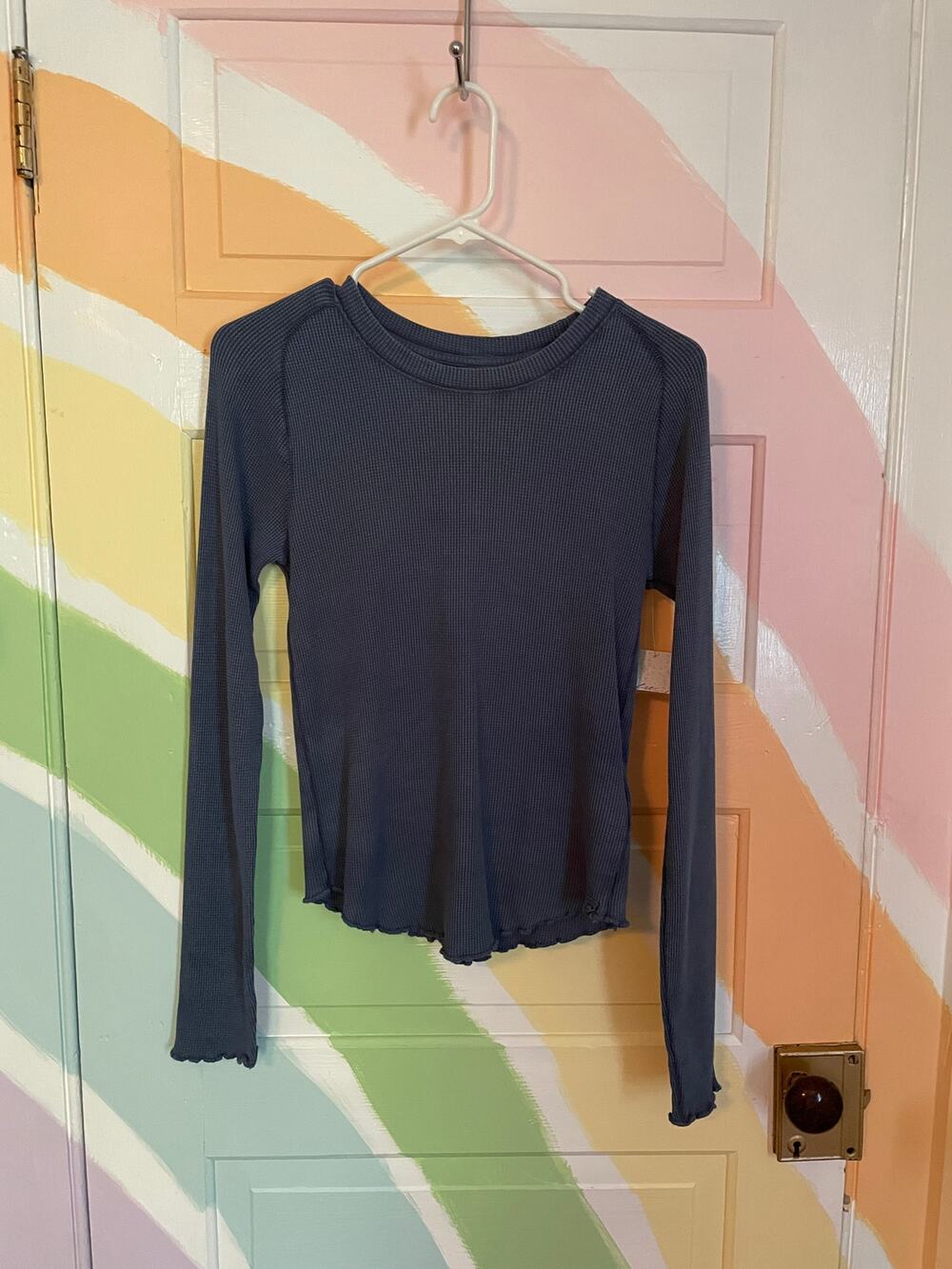 Free People We The Free Thermal Waffle Knit Long Sleeve Top NWT Small Dark Blue